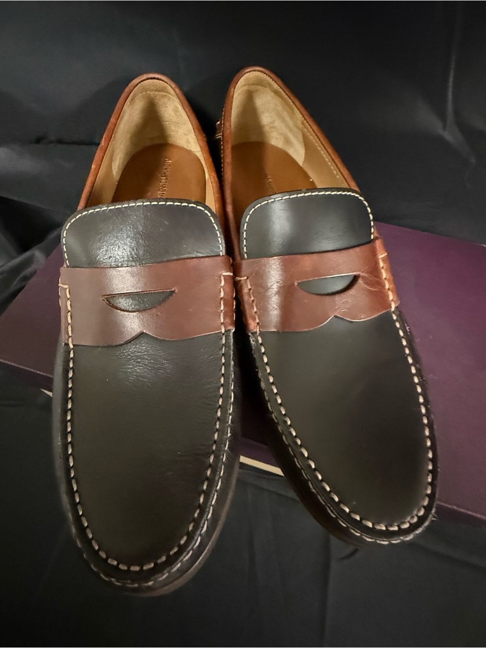 Johnston & Murphy Black and Brown Leather Penny Loafers with Contrast Stitching